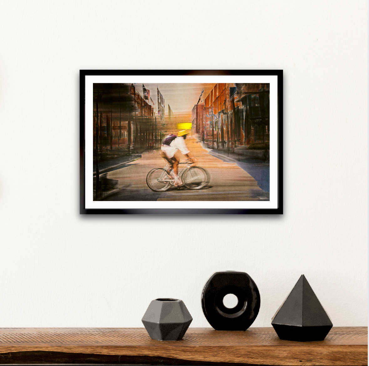Solar Eclipse, a cyclist riding through Oslo city streets — photography cycling wall art print by Douglas Carr