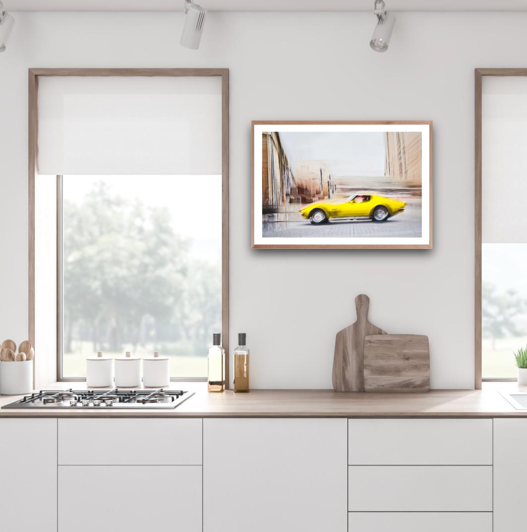 Automotive yellow vintage Corvette wall art print of a American Chevy Corvette - wall art prints art by Douglas Carr Photography