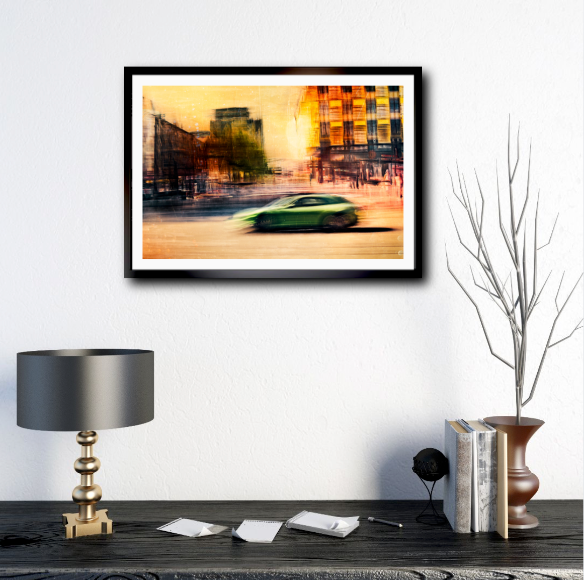 A Green German sport Porsche Panamera driving through Majorstuen Oslo Norway bathed in a golden yellow from the setting sun a fine art photography by Douglas Carr – Oslo Art Prints
