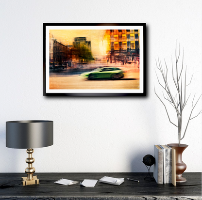 A Green German sport Porsche Panamera driving through Majorstuen Oslo Norway bathed in a golden yellow from the setting sun a fine art photography by Douglas Carr – Oslo Art Prints