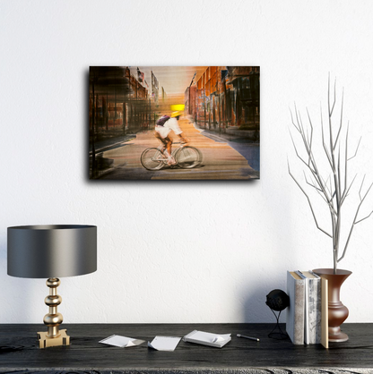 Solar Eclipse, a cyclist riding through Oslo city streets — photography cycling wall art print by Douglas Carr