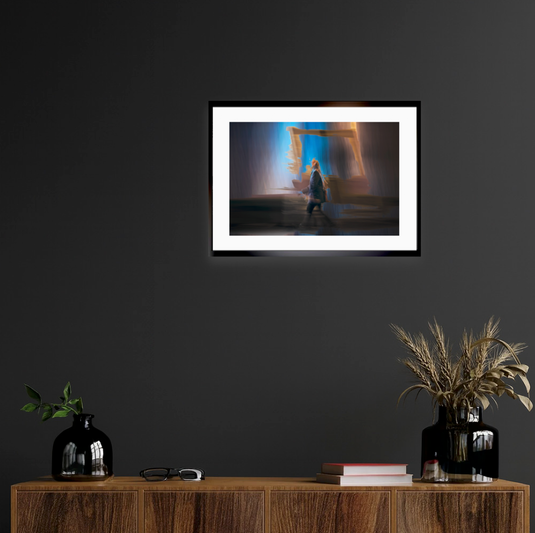 Between Light and Motion a man walking through Oslo city streets at night — ICM photography cycling wall art print by Douglas Carr at Oslo Art Prints