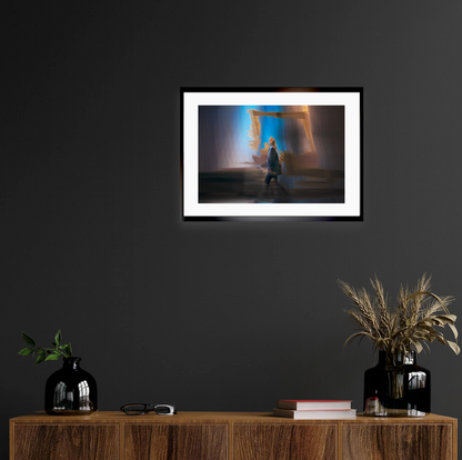 Between Light and Motion a man walking through Oslo city streets at night — ICM photography cycling wall art print by Douglas Carr at Oslo Art Prints