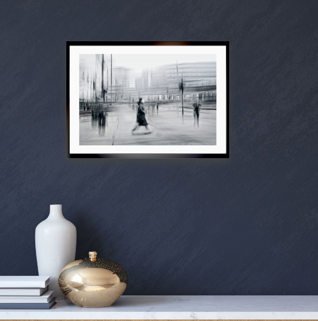 Blurred Intentions a person walking down Karl Johan in Oslo city towards Oslo train station  — Black & White ICM photography cycling wall art print by Douglas Carr at Oslo Art Prints