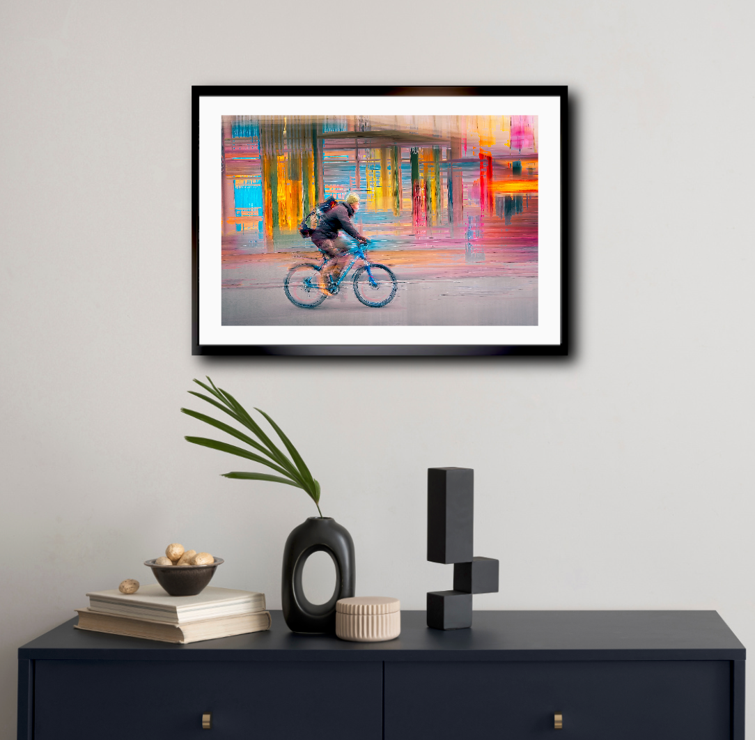 Candy Rush a cyclist riding through Oslo city streets — ICM photography cycling wall art print by Douglas Carr at Oslo Art Prints
