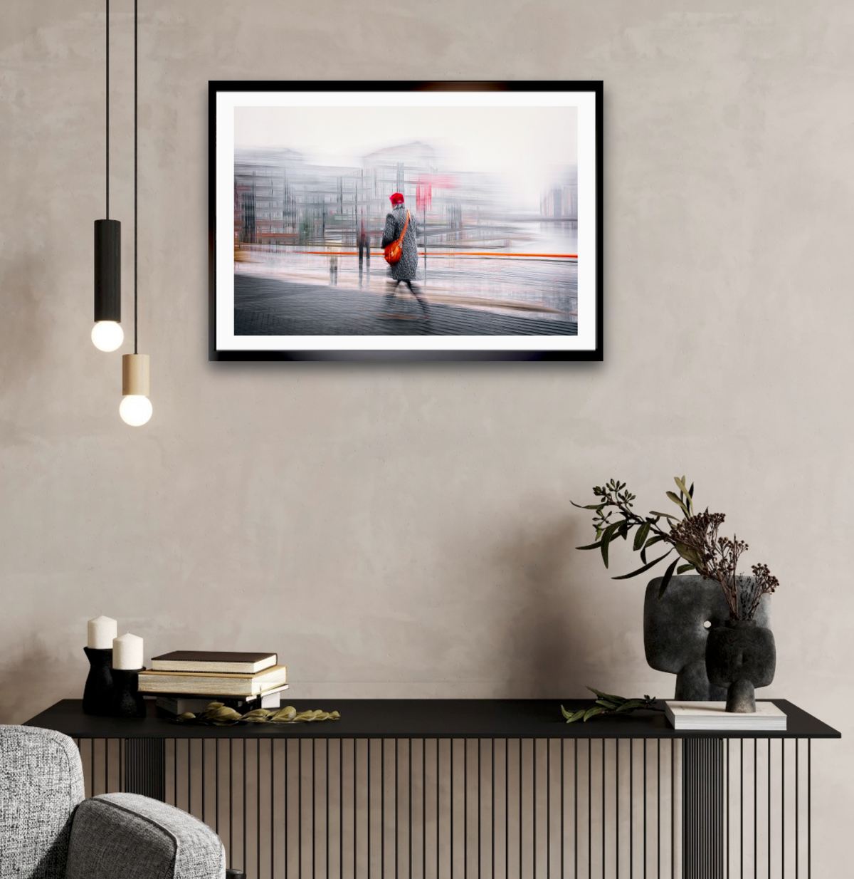 Crimson Passage a man walking through Oslo Bjørvika — ICM photography cycling wall art print by Douglas Carr at Oslo Art Prints