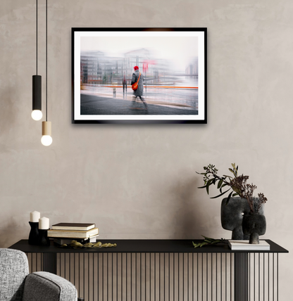 Crimson Passage a man walking through Oslo Bjørvika — ICM photography cycling wall art print by Douglas Carr at Oslo Art Prints