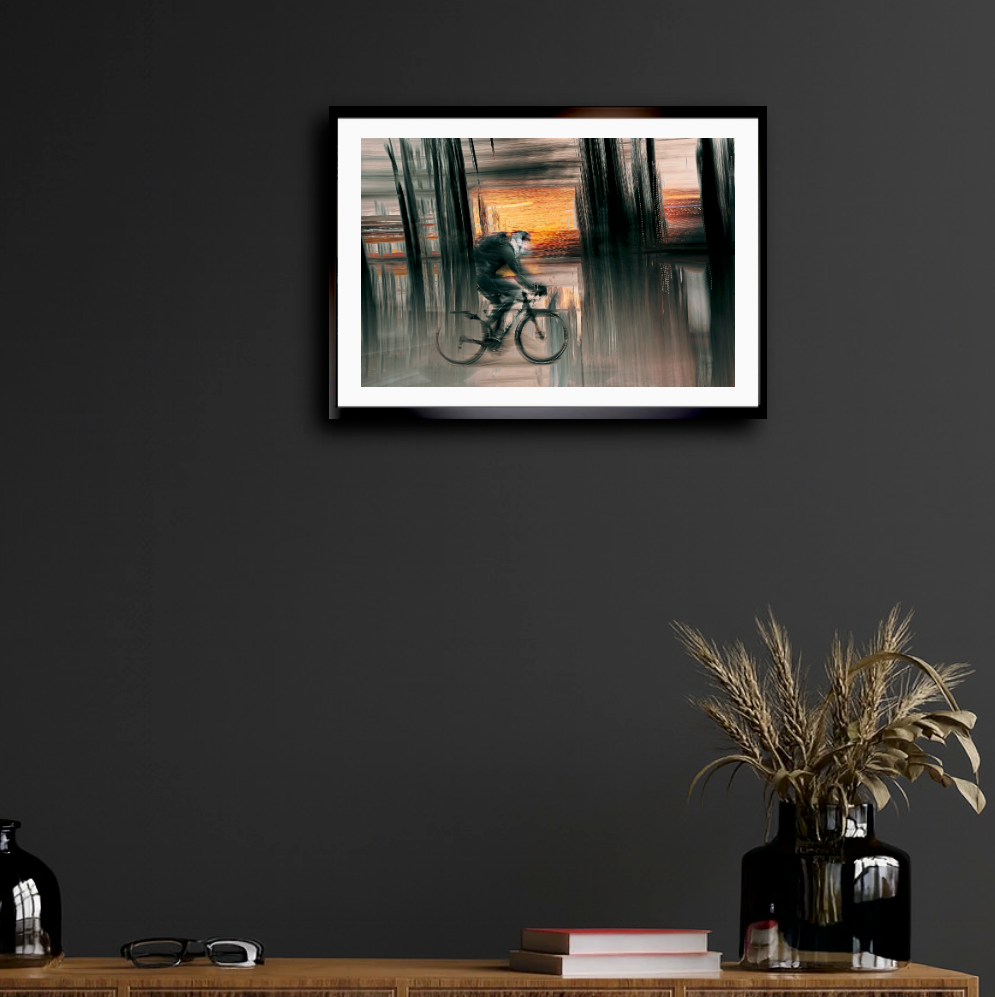 Eclipse of Motion a cyclist riding through Oslo city streets — ICM photography cycling wall art print by Douglas Carr at Oslo Art Prints
