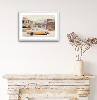 Automotive Limited Edition wall art print of American classic Golden Nugget Ford Mustang motor car by Douglas Carr at Oslo Art Prints