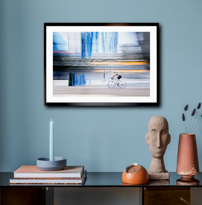 Linear Escape, a cyclist riding through Oslo city streets — ICM photography cycling wall art print by Douglas Carr at Oslo Art Prints
