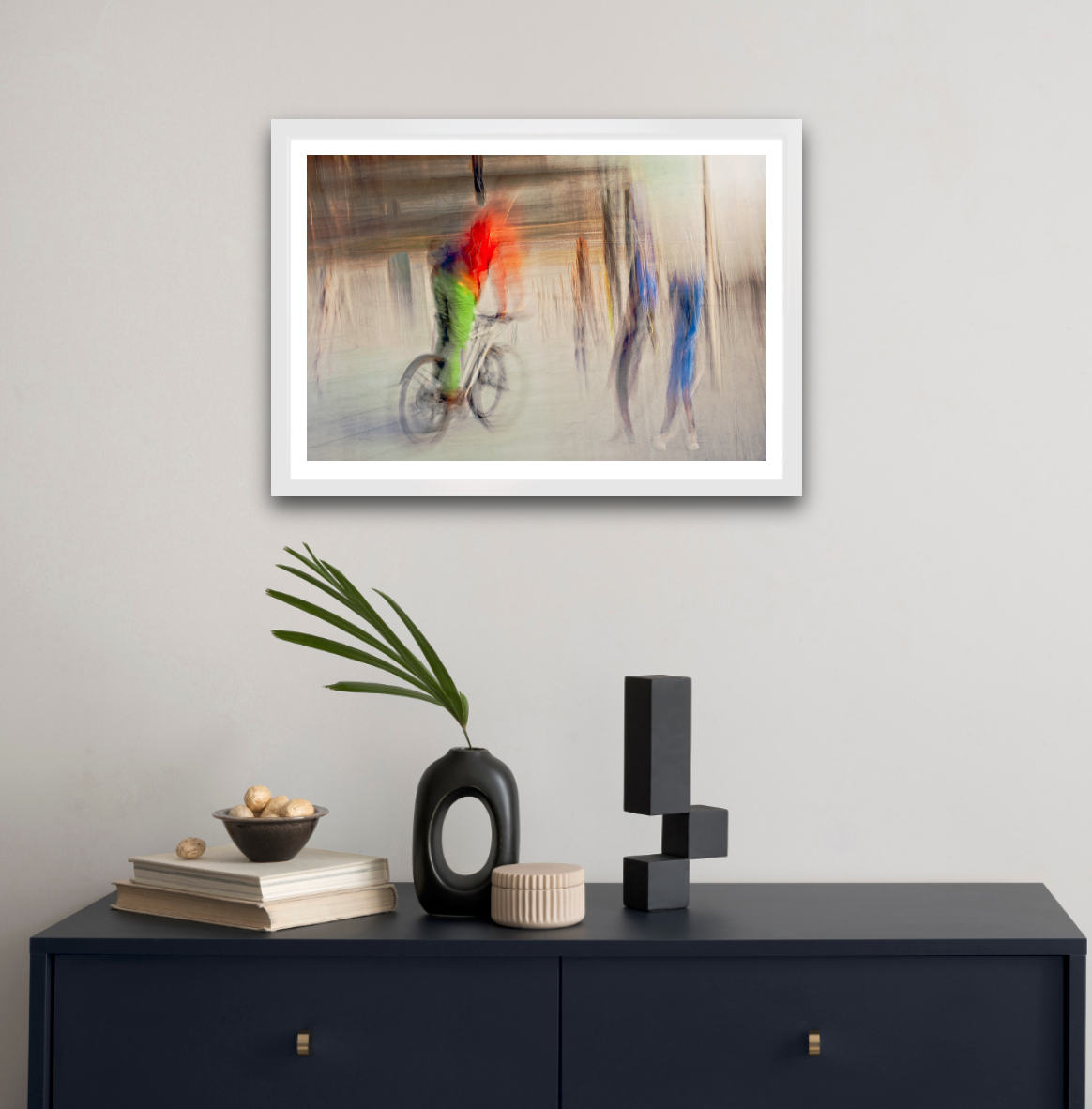 Passing Currents a cyclist riding through Oslo city streets — ICM photography cycling wall art print by Douglas Carr at Oslo Art Prints