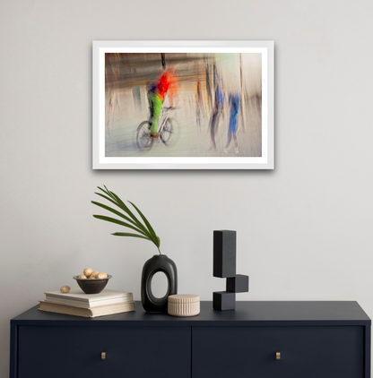 Passing Currents a cyclist riding through Oslo city streets — ICM photography cycling wall art print by Douglas Carr at Oslo Art Prints