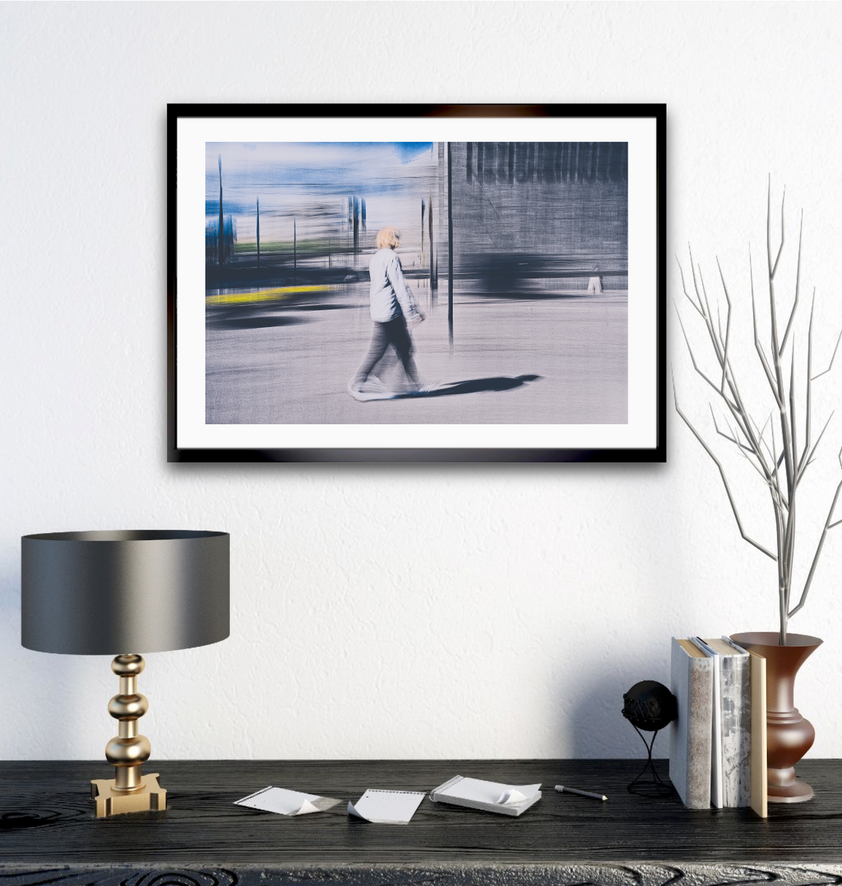 Passing Light a man walking through Oslo city streets pass the National Museum— ICM photography cycling wall art print by Douglas Carr at Oslo Art Prints