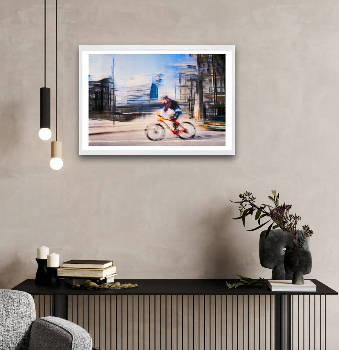 Passing Munch, a cyclist riding through Oslo city streets — ICM photography cycling wall art print by Douglas Carr at Oslo Art Prints