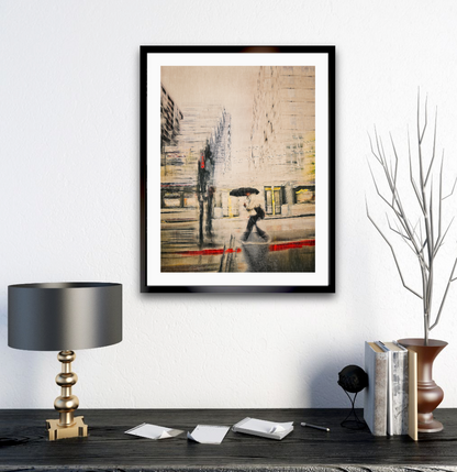 Red Carpet a person walking with a umbrella in the rain  through Barcode Oslo city — ICM photography cycling wall art print by Douglas Carr at Oslo Art Prints
