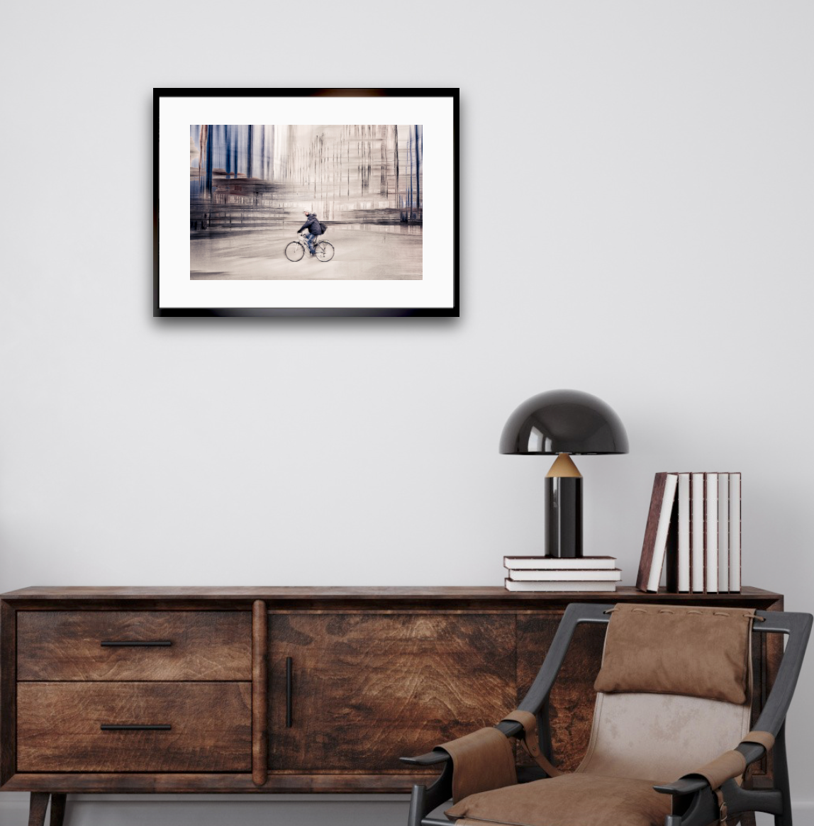 Silent Commuter, a cyclist riding through Oslo city streets — ICM photography cycling wall art print by Douglas Carr at Oslo Art Prints