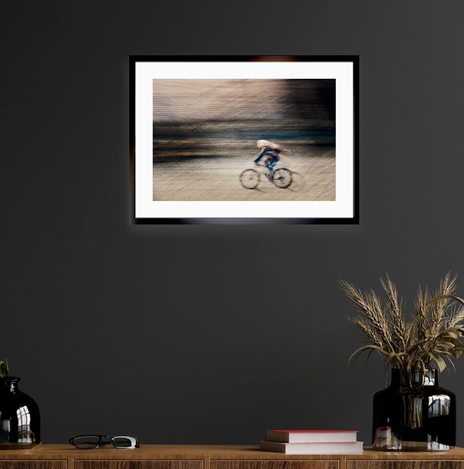 Veil of Speed a cyclist riding through Oslo city streets — ICM photography cycling wall art print by Douglas Carr at Oslo Art Prints