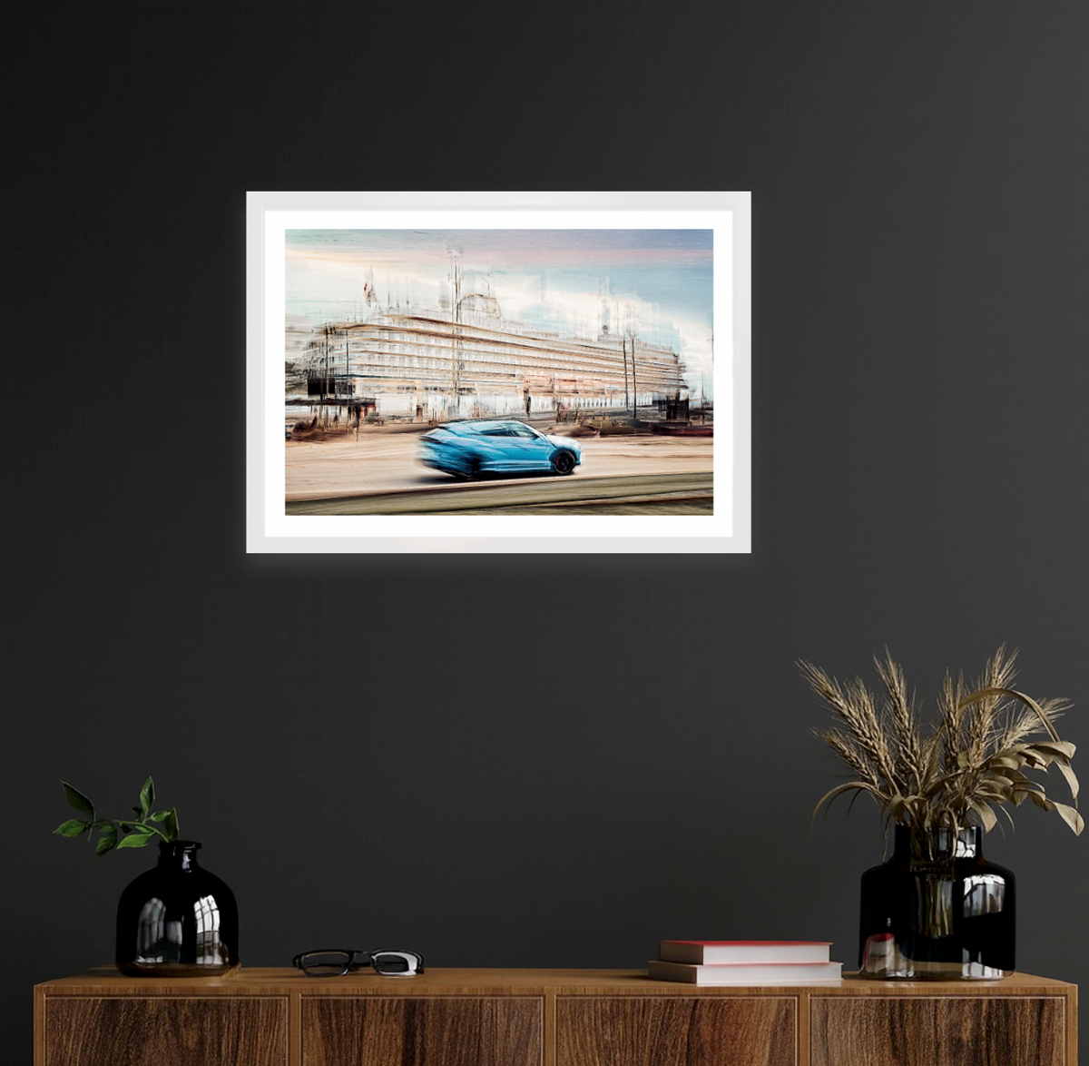 Automotive Limited Edition wall art print of Lamborghini Urus classic sports car  and a cruise ship in Oslo harbour by Douglas Carr Photography at Oslo Art Prints