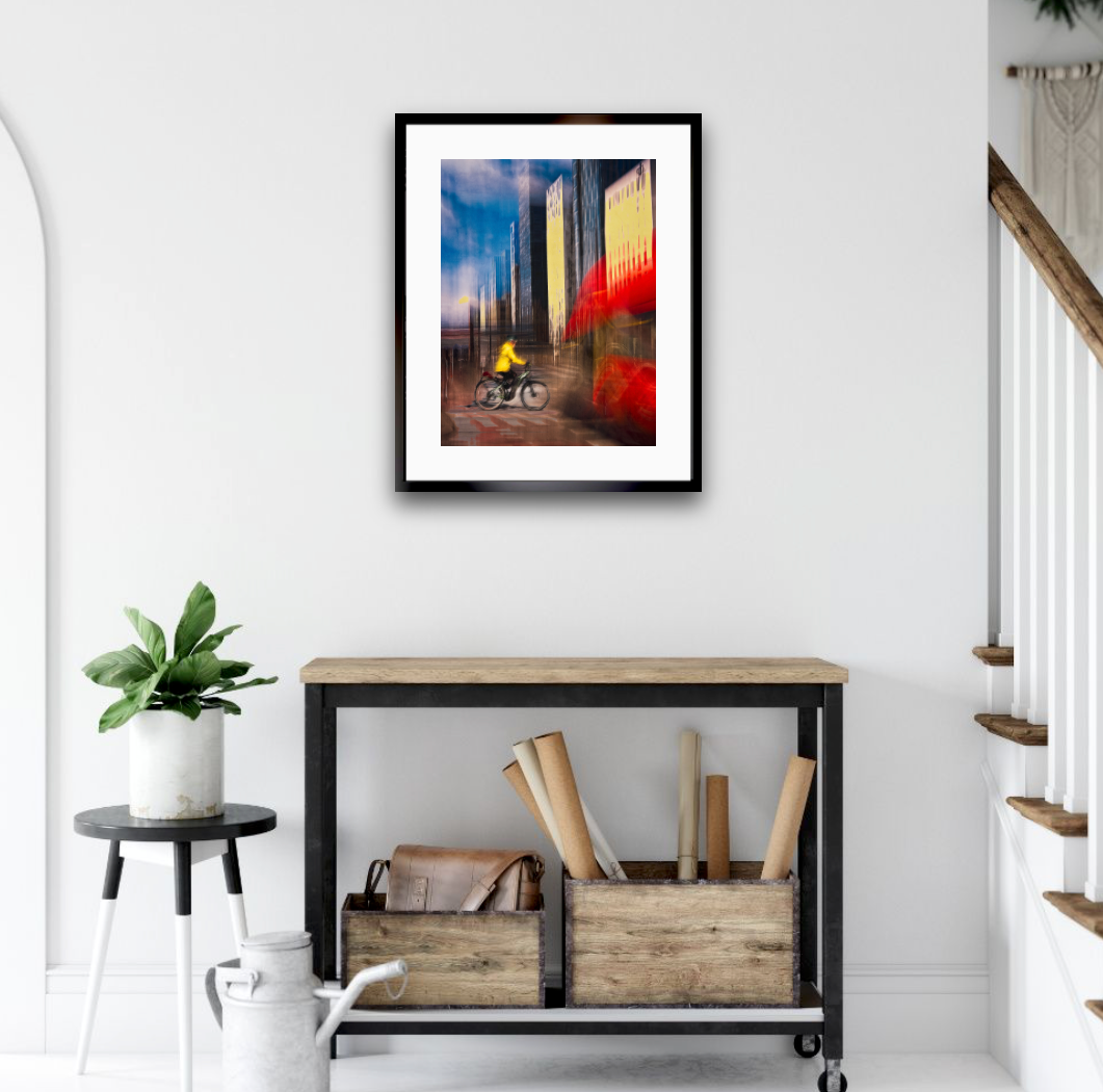 Kinetic in Code, a cyclist riding through Oslo city streets — ICM photography cycling wall art print by Douglas Carr at Oslo Art Prints