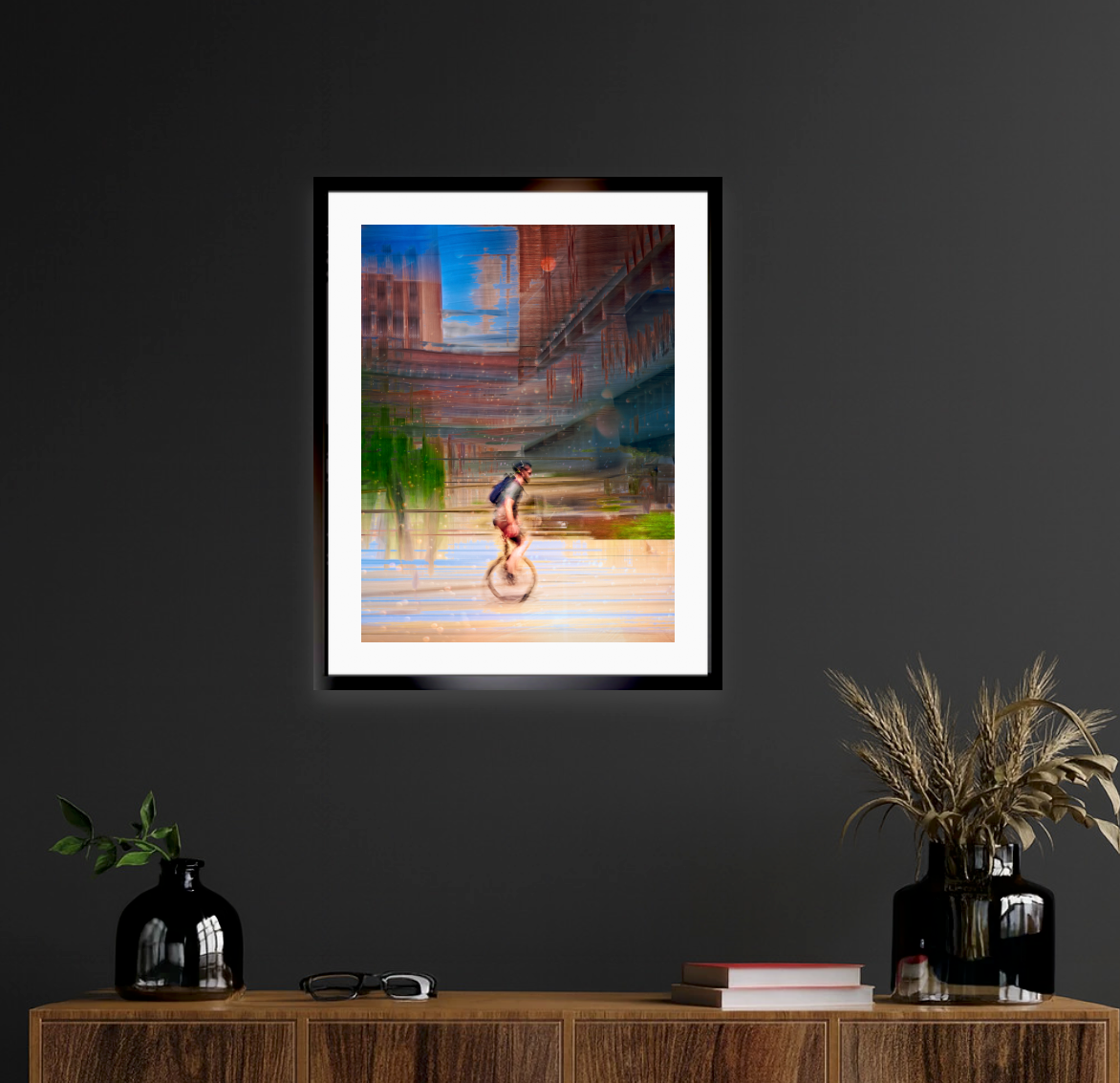 Circus Life person cycling on a unicycle  past Oslo Rådhus Oslo city on there daily commute — ICM photography cycling wall art print by Douglas Carr at Oslo Art Prints. Free worldwide shipping.