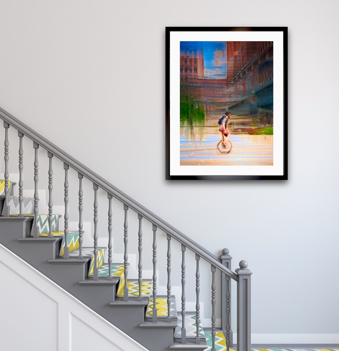 Circus Life person cycling on a unicycle  past Oslo Rådhus Oslo city on there daily commute — ICM photography cycling wall art print by Douglas Carr at Oslo Art Prints. Free worldwide shipping.