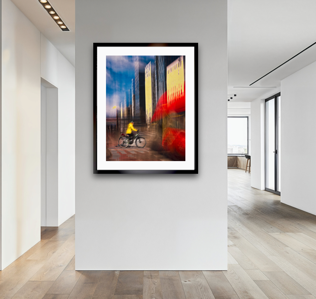 Kinetic in Code, a cyclist riding through Oslo city streets — ICM photography cycling wall art print by Douglas Carr at Oslo Art Prints