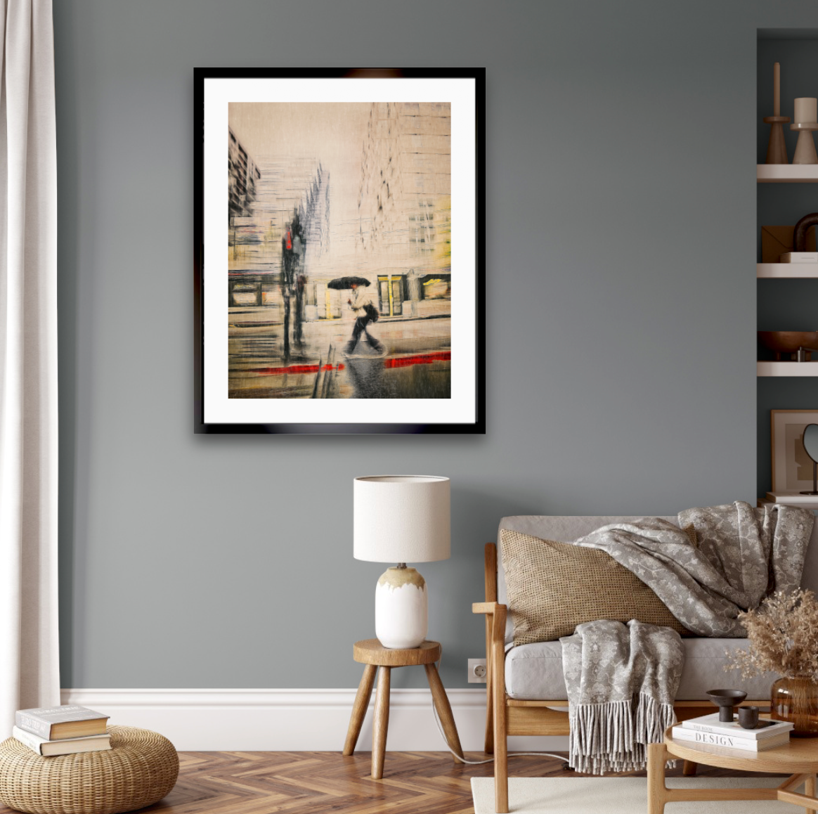 Red Carpet a person walking with a umbrella in the rain  through Barcode Oslo city — ICM photography cycling wall art print by Douglas Carr at Oslo Art Prints