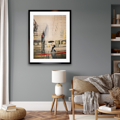 Red Carpet a person walking with a umbrella in the rain  through Barcode Oslo city — ICM photography cycling wall art print by Douglas Carr at Oslo Art Prints