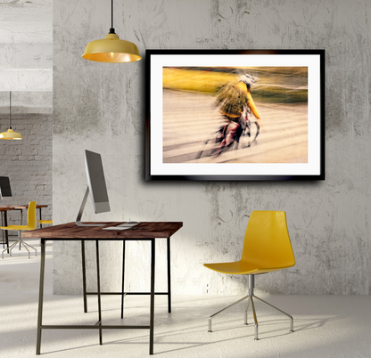 Autumn Rush, a cyclist riding through Oslo city streets — ICM photography cycling wall art print by Douglas Carr at Oslo Art Prints