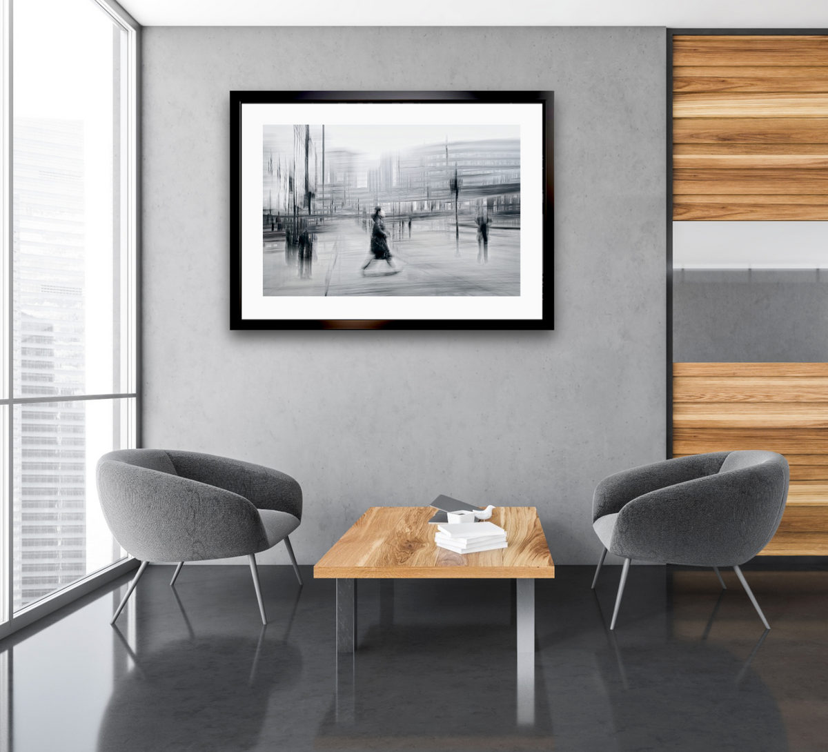Blurred Intentions a person walking down Karl Johan in Oslo city towards Oslo train station  — Black & White ICM photography cycling wall art print by Douglas Carr at Oslo Art Prints