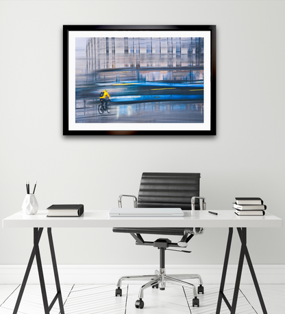 Cadence in Blue, a cyclist riding through Oslo city streets — ICM photography cycling wall art print by Douglas Carr at Oslo Art Prints