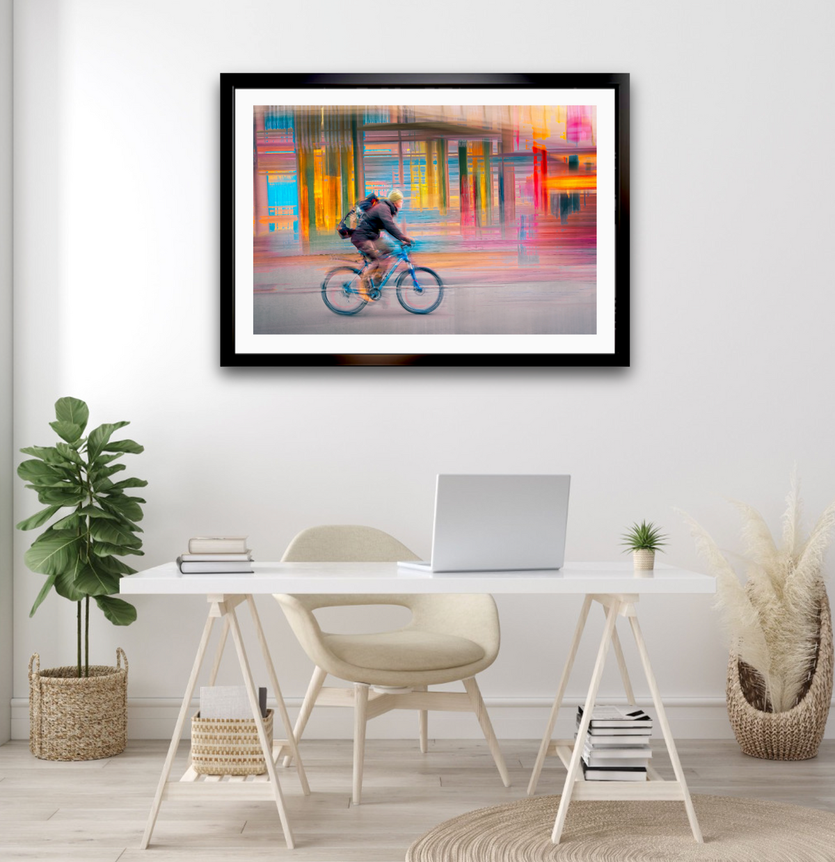 Candy Rush a cyclist riding through Oslo city streets — ICM photography cycling wall art print by Douglas Carr at Oslo Art Prints