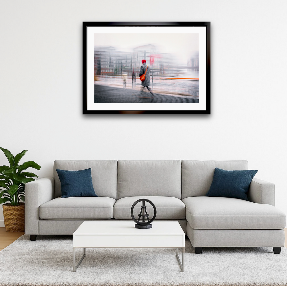 Crimson Passage a man walking through Oslo Bjørvika — ICM photography cycling wall art print by Douglas Carr at Oslo Art Prints