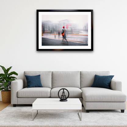 Crimson Passage a man walking through Oslo Bjørvika — ICM photography cycling wall art print by Douglas Carr at Oslo Art Prints