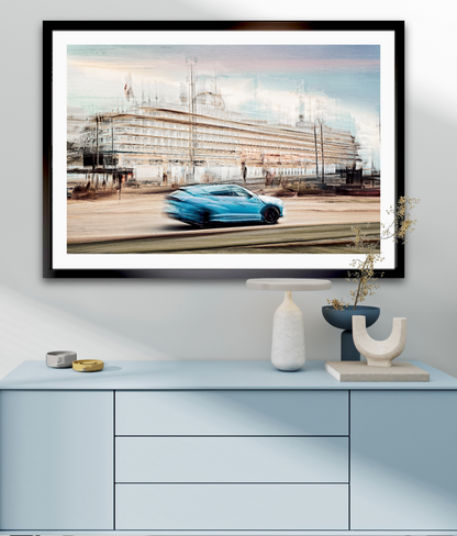 Automotive Limited Edition wall art print of Lamborghini Urus classic sports car  and a cruise ship in Oslo harbour by Douglas Carr Photography at Oslo Art Prints