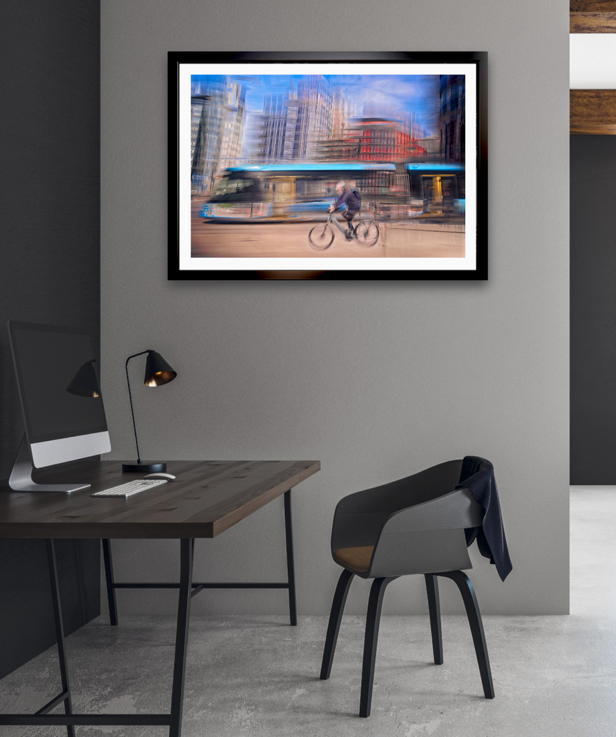 Downtown Deadline, a cyclist racing a tram through Oslo city streets — ICM photography cycling wall art print by Douglas Carr at Oslo Art Prints