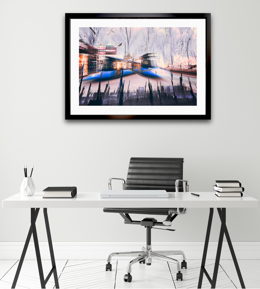 Fleeting Echo blue Oslo city trams in motion through the city — ICM photography tram wall art print by Douglas Carr at Oslo Art Prints