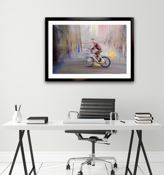 Impression of Passing, a cyclist riding through Oslo city streets — ICM photography cycling wall art print by Douglas Carr at Oslo Art Prints