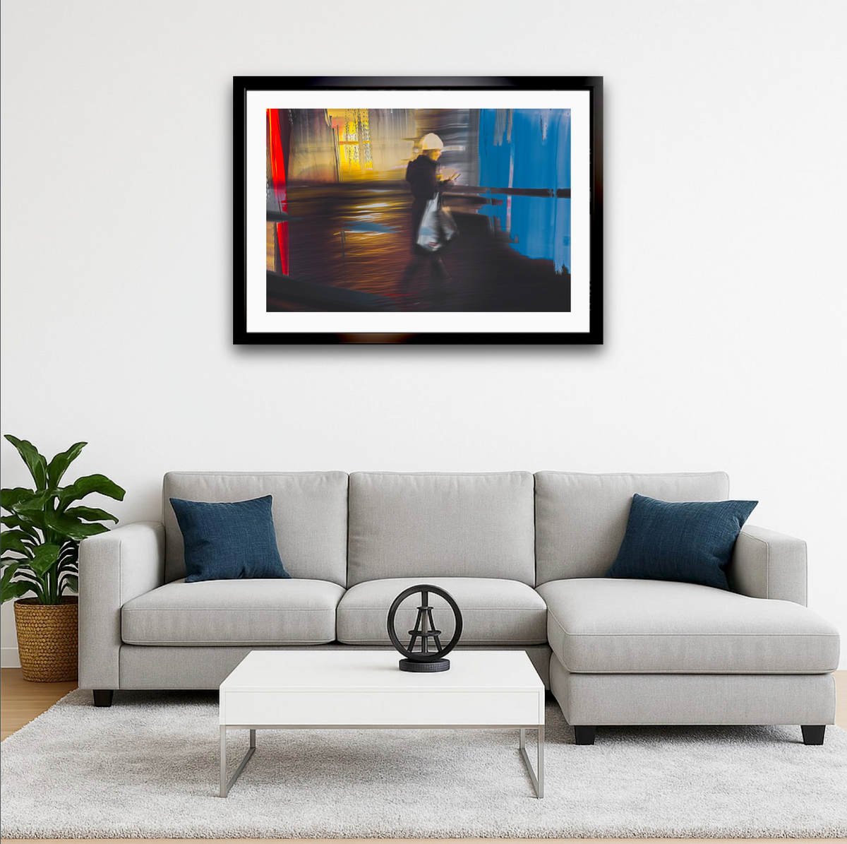 In Conversation a woman walking through Oslo city streets at night while talking on her phone — ICM photography cycling wall art print by Douglas Carr at Oslo Art Prints
