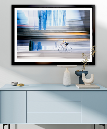 Linear Escape, a cyclist riding through Oslo city streets — ICM photography cycling wall art print by Douglas Carr at Oslo Art Prints