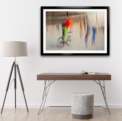 Passing Currents a cyclist riding through Oslo city streets — ICM photography cycling wall art print by Douglas Carr at Oslo Art Prints