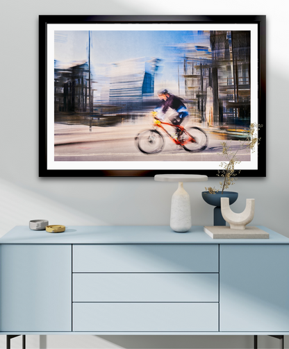 Passing Munch, a cyclist riding through Oslo city streets — ICM photography cycling wall art print by Douglas Carr at Oslo Art Prints