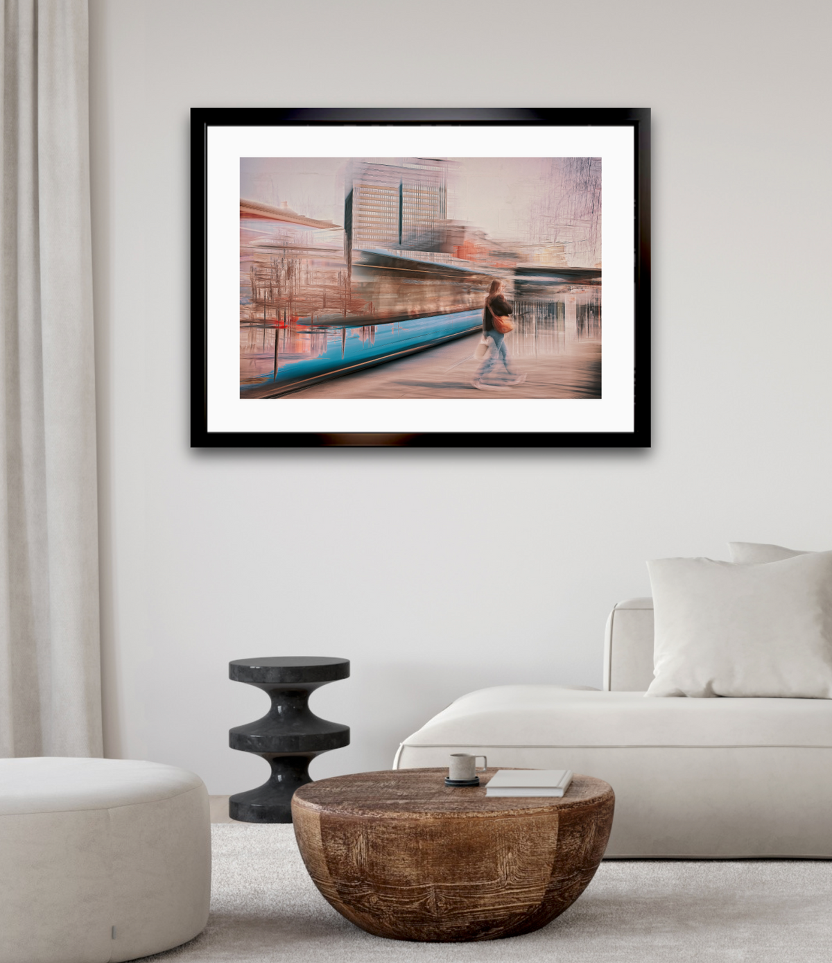 Silenced Passing a person walking through Oslo city streets snd a passing tram— ICM photography cycling wall art print by Douglas Carr at Oslo Art Prints