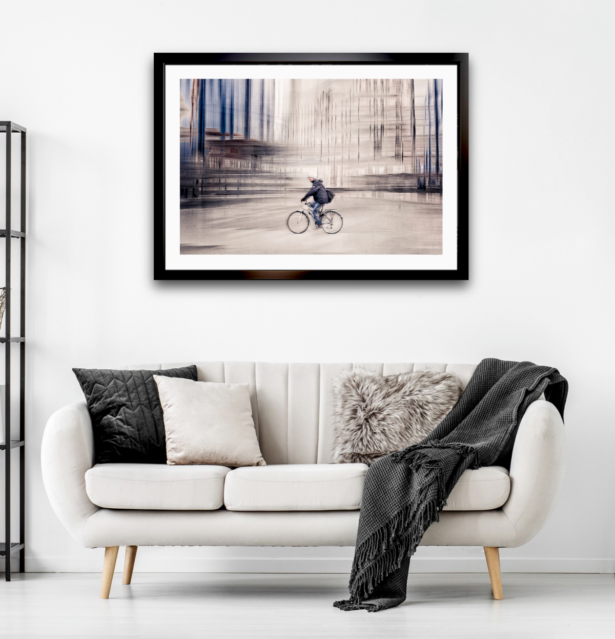 Silent Commuter, a cyclist riding through Oslo city streets — ICM photography cycling wall art print by Douglas Carr at Oslo Art Prints