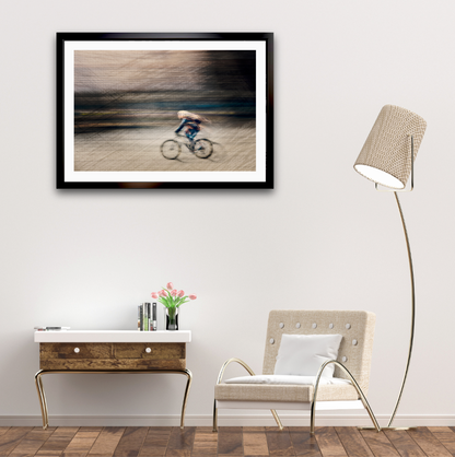 Veil of Speed a cyclist riding through Oslo city streets — ICM photography cycling wall art print by Douglas Carr at Oslo Art Prints