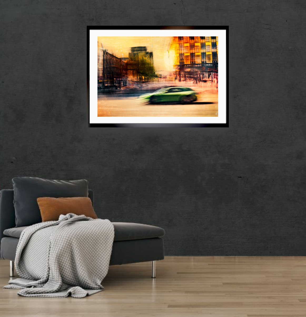 A Green German sport Porsche Panamera driving through Majorstuen Oslo Norway bathed in a golden yellow from the setting sun a fine art photography by Douglas Carr – Oslo Art Prints