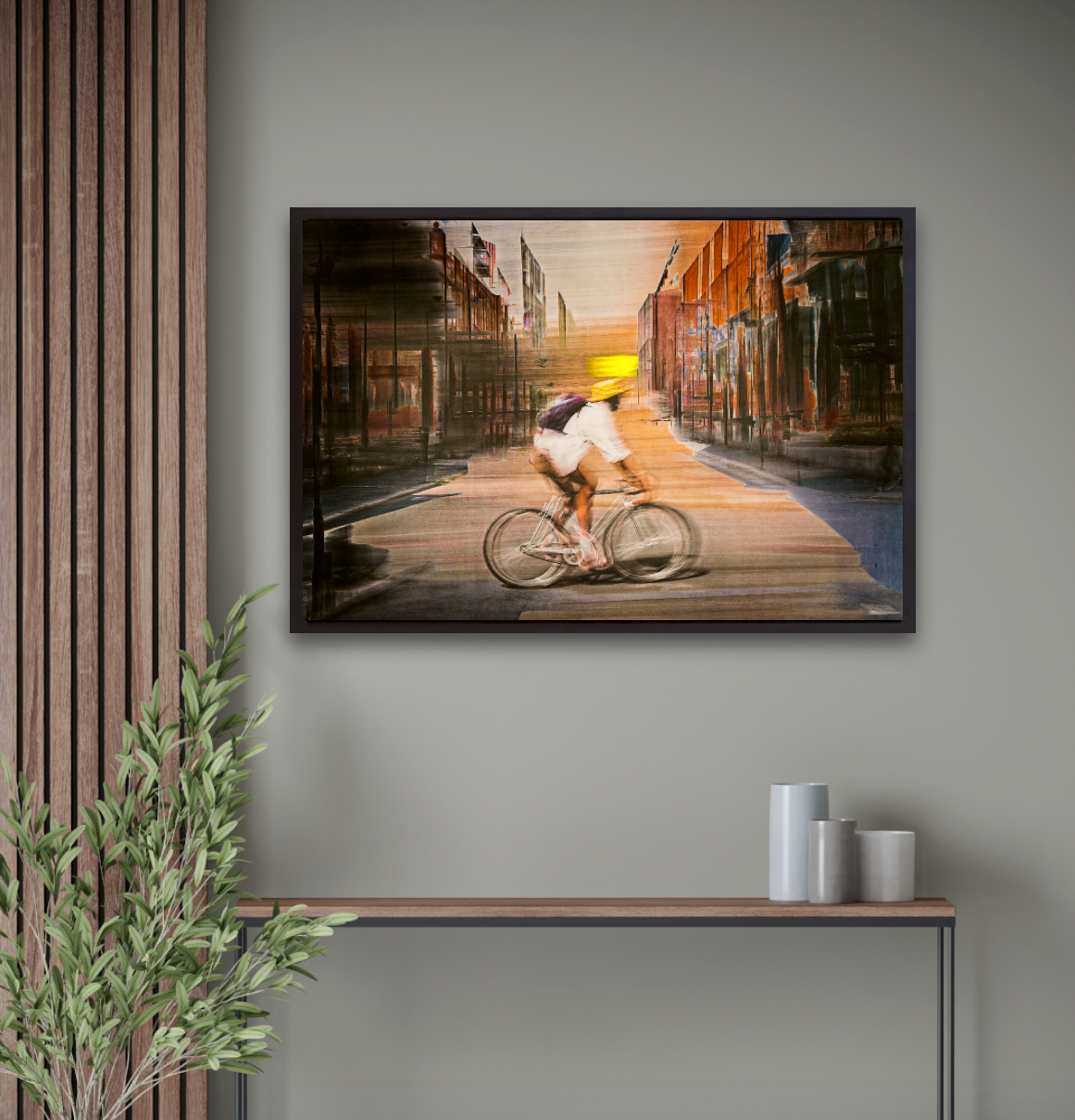 Solar Eclipse, a cyclist riding through Oslo city streets — photography cycling wall art print by Douglas Carr