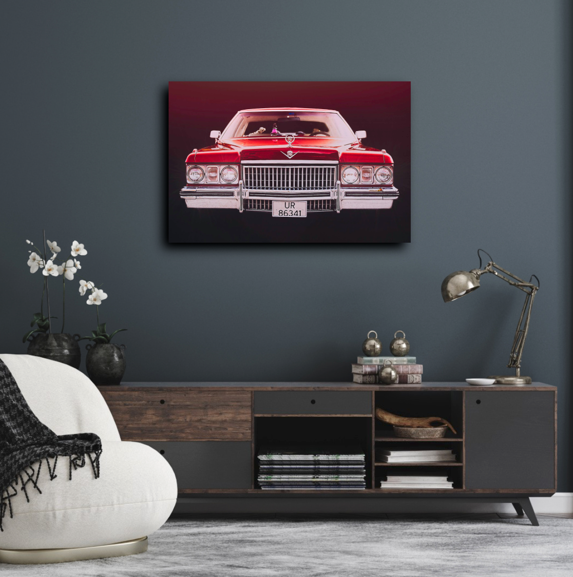 Red 1973 Cadillac Coupe de Ville, vintage AMCAR American classic car fine art photography wall art print art by Douglas Carr 