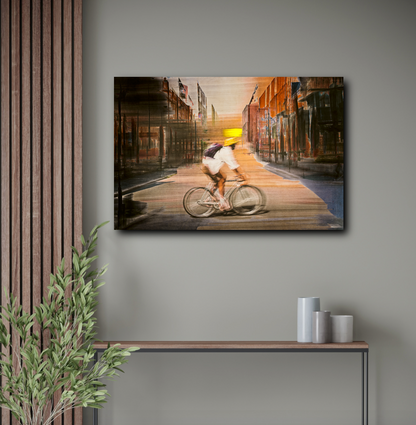 Solar Eclipse, a cyclist riding through Oslo city streets — photography cycling wall art print by Douglas Carr