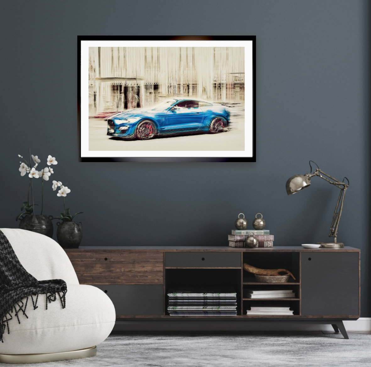 A blue Ford Mustang Shelby a American classic car wall art wall art prints art by Douglas Carr photography